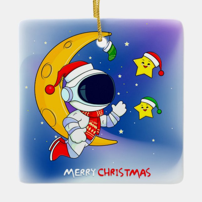Adorno De Cerámica Feliz Astronauta navideño y la luna (Anverso)