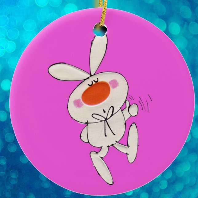 Adorno De Cerámica Feliz baile lindo conejo blanco (Cute white bunny big orange nose bow tie on bright pink hanging Easter ornament.)