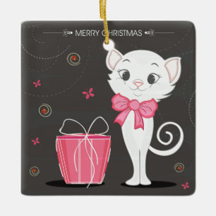 Adorno De Cerámica Feliz Bonito de Navidad Kitty Blanco en rosa