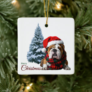 Adorno De Cerámica Feliz Bulldog navideño