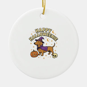 Adorno De Cerámica Feliz Camiseta de Perro Bruja Dachshund de Hallowe