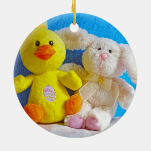 Adorno De Cerámica Feliz Chick de Pascua + Conejo