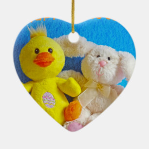 Adorno De Cerámica Feliz Chick de Pascua + Conejo