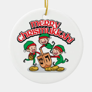 Adorno De Cerámica Feliz Chrismukkah con los elfos y los sueños