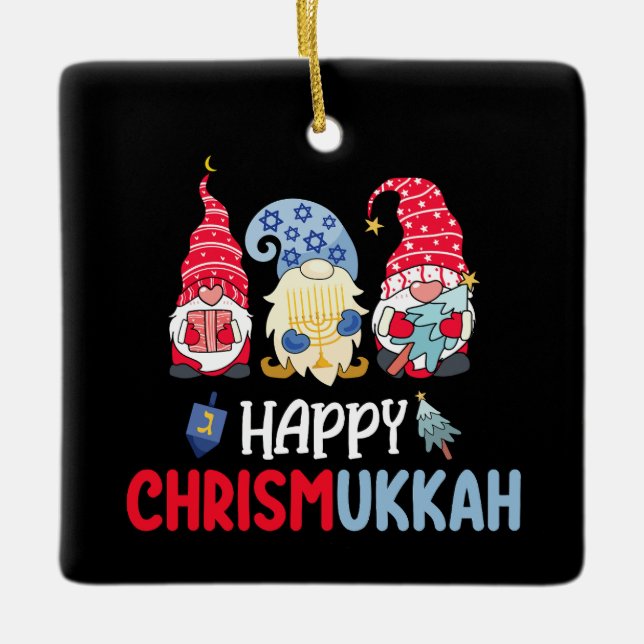 Adorno De Cerámica Feliz Chrismukkah Gnomes Hanukkah Feliz Navidad (Anverso)