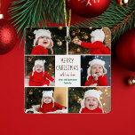 Adorno De Cerámica Feliz Collage de fotos navideño hermoso Personaliz<br><div class="desc">Este adorable y moderno ornamento de Feliz Navidad presenta un diseño elegante de 6 fotos familiares sobre un fondo blanco con tipografía verde y rojo bonito. Este hermoso regalo de decoración de festividades para niños muestra el collage de fotos de tu propio hijo alrededor de tu mensaje festivo y nombre...</div>