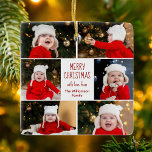 Adorno De Cerámica Feliz Collage de fotos navideño Personalizado lind<br><div class="desc">Este adorable y moderno ornamento de Feliz Navidad presenta un diseño elegante de 6 fotos familiares sobre un fondo blanco con tipografía verde y rojo bonito. Este hermoso regalo de decoración para las vacaciones fotográficas de los niños presenta el collage de fotografías de sus propios hijos que rodea su mensaje...</div>