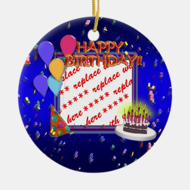 Adorno De Cerámica Feliz cumpleaños con marco fotográfico de Confetti (Frente)