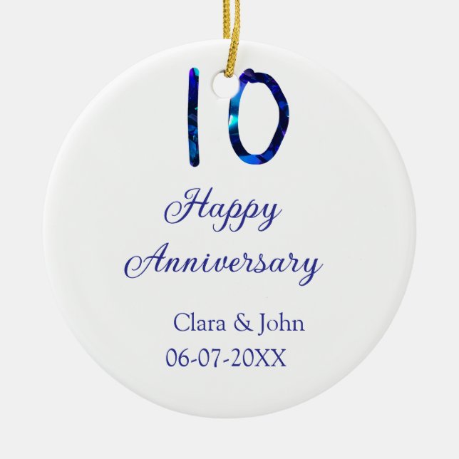 Adorno De Cerámica Feliz décimo aniversario purpurina azul añadir fec (Frente)