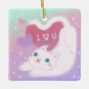 Adorno De Cerámica Feliz día de San Valentín con gato blanco esponjos