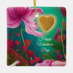 Adorno De Cerámica Feliz Día de San Valentín - Flores y corazones ros