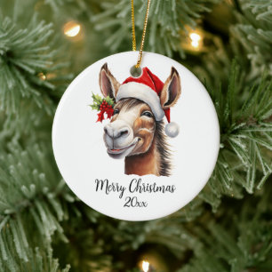 Adorno De Cerámica Feliz Donkey navideño en Santa Hat Holly Personali