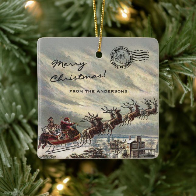 Adorno De Cerámica Feliz entrega navideña por Santa Sleigh (personali (Árbol)