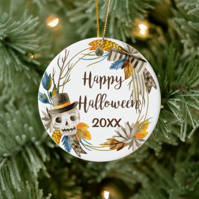 Adorno De Cerámica Feliz festival de cerámica de cráneo de Halloween (Árbol)