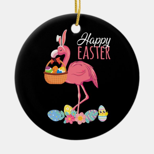 Adorno De Cerámica Feliz Flamingo de Pascua con cesta de huevos de pa (Frente)