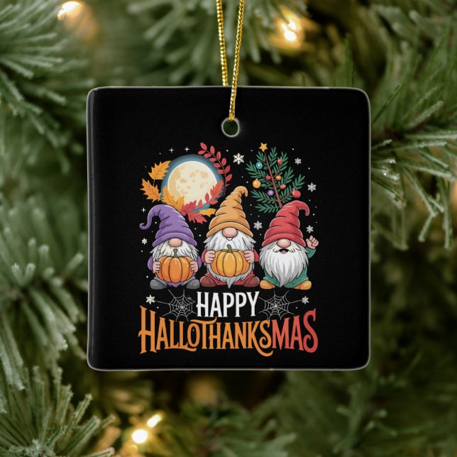 Adorno De Cerámica Feliz Hallothanksmas Gnomes Feliz Navidad en Hallo (Árbol)