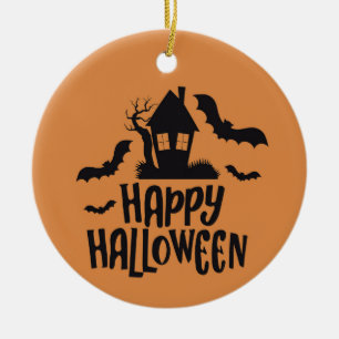 Adorno De Cerámica Feliz Halloween acosado naranja de murciélagos mie