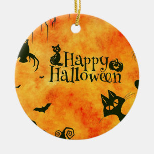 Adorno De Cerámica Feliz Halloween Black Kitty Ornamround