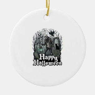 Adorno De Cerámica Feliz Halloween Esqueleto Linterna Gato Negro Grav