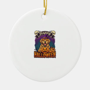 Adorno De Cerámica Feliz Halloween Retriever Dorado Sombrero de Bruja