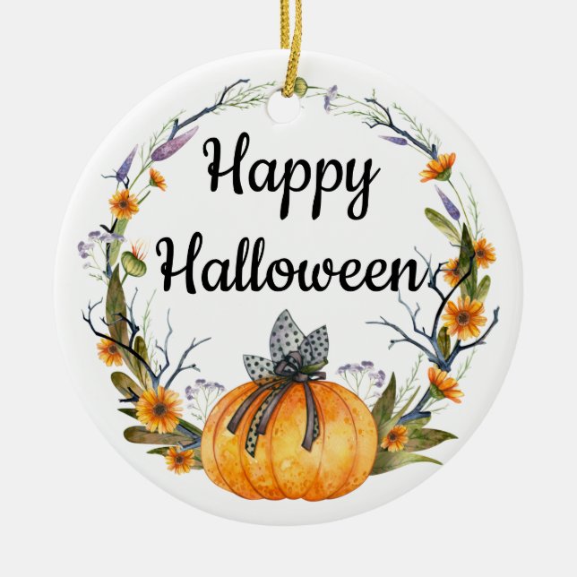 Adorno De Cerámica Feliz Halloween Watercolor Calabaza Wreath (Frente)