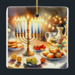 Adorno De Cerámica Feliz Hanukkah<br><div class="desc">Ilustracion acuático Hanukkah. Una mesa muy bien arreglada para una celebración festiva,  con una menorah tradicional con velas encendidas. La luz es suave y cálida,  mientras que la decoración de las vacaciones aporta un toque de alegría. Las luces cálidas crean un ambiente acogedor y acogedor.</div>