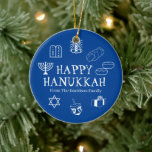 Adorno De Cerámica Feliz Hanukkah favores de nombre personalizado azu<br><div class="desc">Feliz Hanukkah,  regalo de nombre de familia personalizar favorece el ornamento cerámico de vacaciones. ¡Feliz Hanukkah,  Feliz Chanukah,  Hanukkah Sameach!,  Chag Sameach!,  Chag Urim Sameach. Azul y blanco</div>