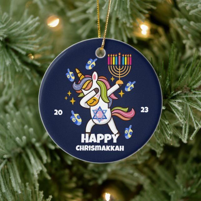 Adorno De Cerámica Feliz Hanukkah, gracioso unicornio (Árbol)