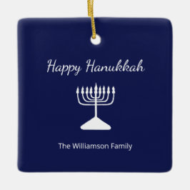 Adorno De Cerámica Feliz Hanukkah Menorah Blanco simple azul