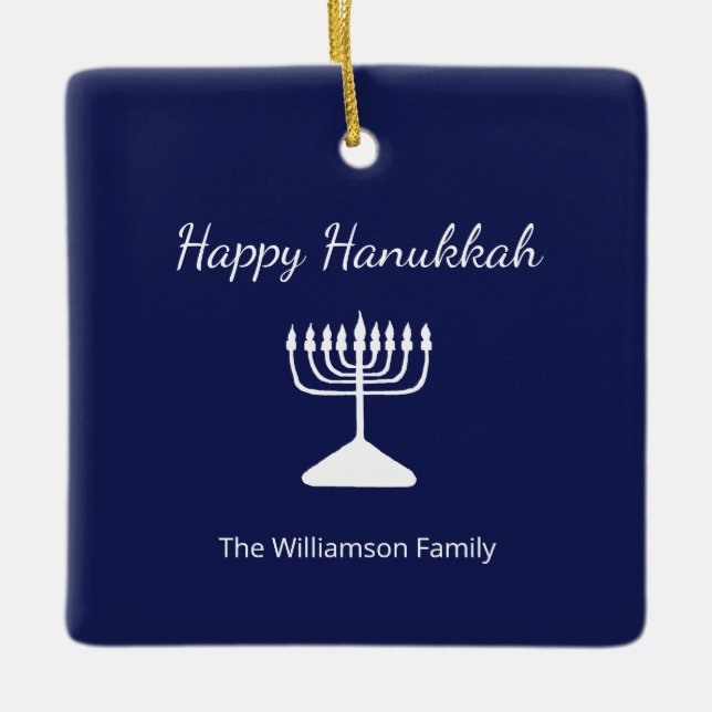 Adorno De Cerámica Feliz Hanukkah Menorah Blanco simple azul (Anverso)