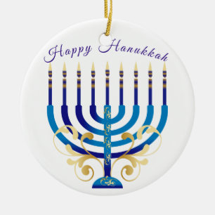 Adorno De Cerámica Feliz Hanukkah menorah, velas de oro amarillas