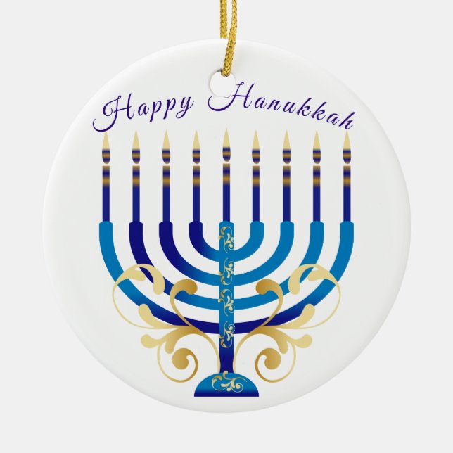 Adorno De Cerámica Feliz Hanukkah menorah velas doradas amarillas (Frente)