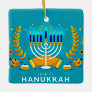 Adorno De Cerámica Feliz Hanukkah Menorah y Dreidels