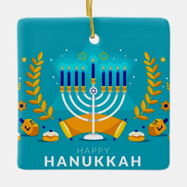 Adorno De Cerámica Feliz Hanukkah Menorah y Dreidels (Anverso)