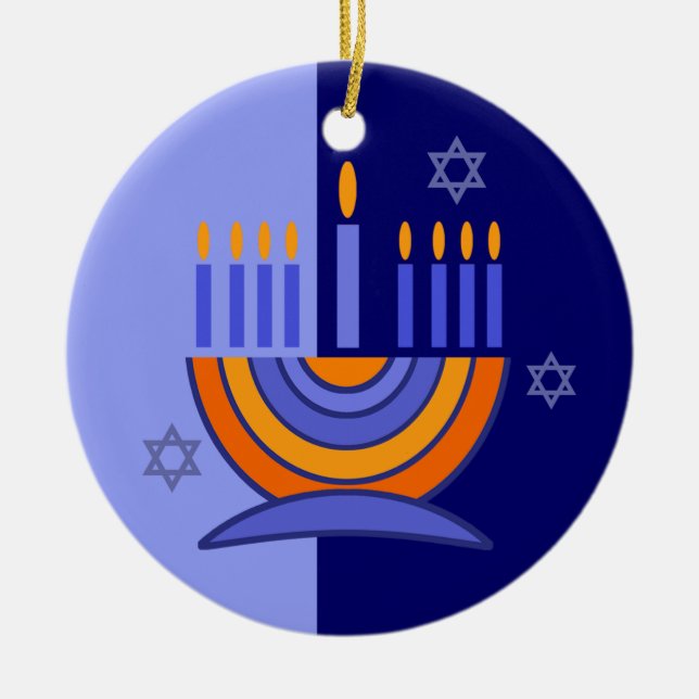 Adorno De Cerámica Feliz Hanukkah. Menorah y Dreidels (Frente)
