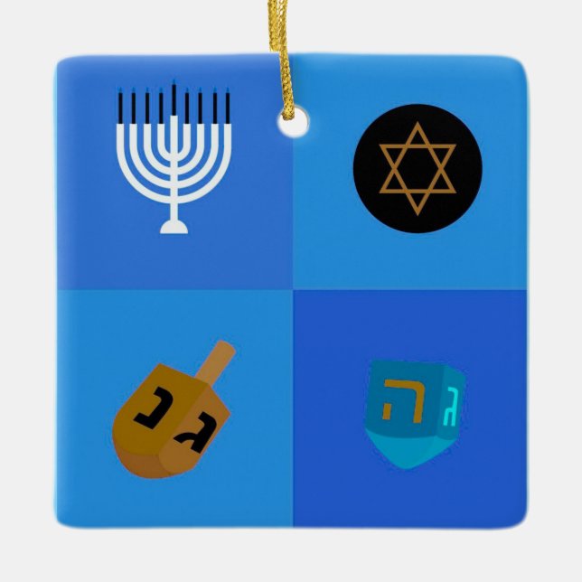 Adorno De Cerámica Feliz Hanukkah Menorah y Dreidels (Anverso)