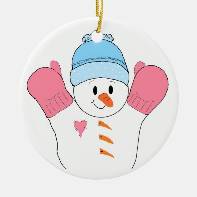 Adorno De Cerámica Feliz hombre de nieve en Mittens rosa (Frente)