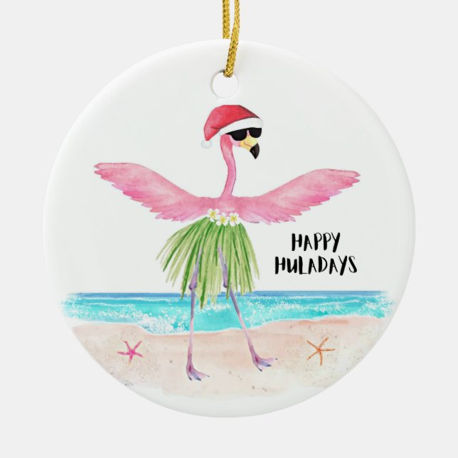 Adorno De Cerámica Feliz Huladays Flamingo Tropical Beach Navidades (Frente)