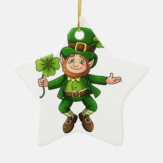Adorno De Cerámica Feliz Leprechaun y Shamrock (Frente)