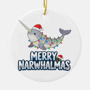 Adorno De Cerámica Feliz Narwhalmas con sombrero de Santa Navidad