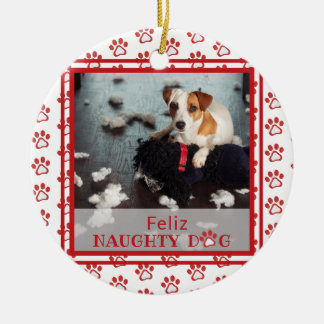 Adorno De Cerámica Feliz Naughty Dog Red Paw Print Photo