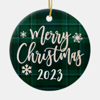 Adorno De Cerámica Feliz Navidad 2023 Green Plaid