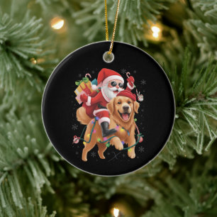 Adorno De Cerámica Feliz Navidad 2025 Santa montando Golden Retriever