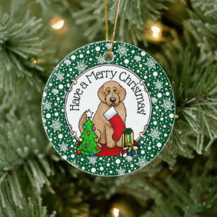 Adorno De Cerámica Feliz Navidad 2 Goldendoodle (rojo dorado) Cute