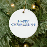 Adorno De Cerámica Feliz Navidad a los Navidades blancos de Chrismuka<br><div class="desc">Feliz Día de Navidad de los Navidades azul y blanco de Chrismukkah.</div>