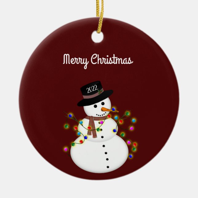 Adorno De Cerámica Feliz Navidad a Snowman personalizado (Frente)