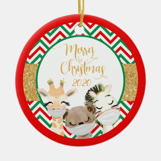 Adorno De Cerámica Feliz Navidad Animales Enmascarados 2020 (Frente)