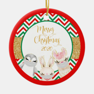 Adorno De Cerámica Feliz Navidad Animales Enmascarados 2020 llama