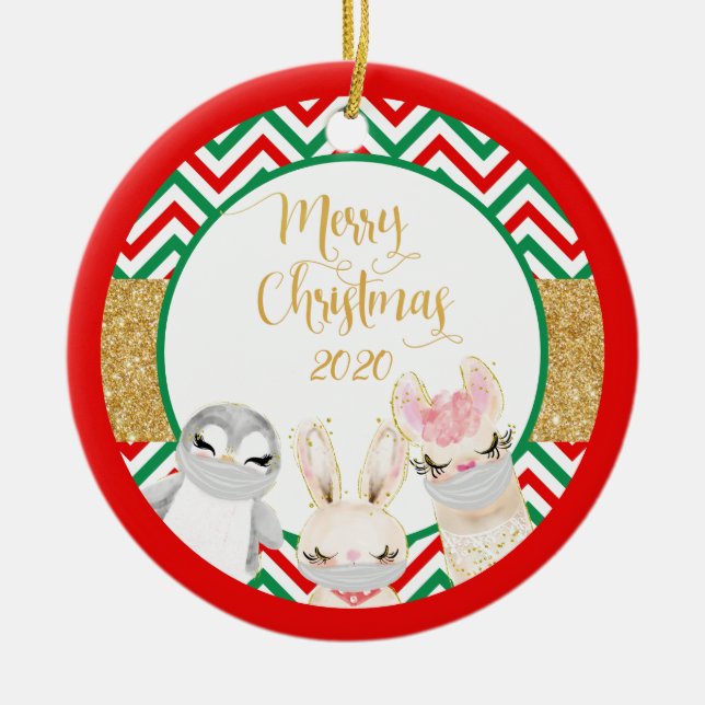 Adorno De Cerámica Feliz Navidad Animales Enmascarados 2020 llama (Frente)