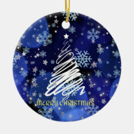 Adorno De Cerámica "Feliz Navidad" Árbol blanco sobre azul profundo